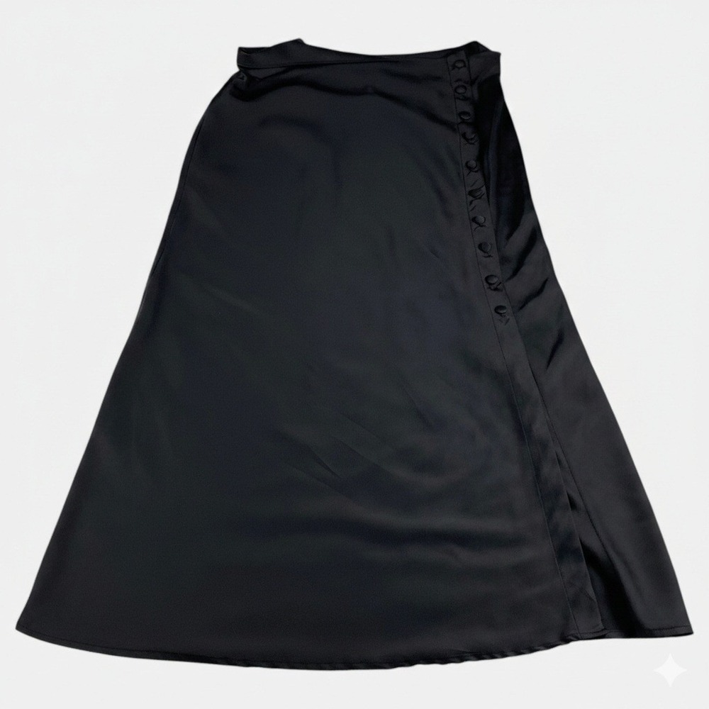 Forever 21 Womens Black Satin Midi Skirt Button Front Side‎ Slit Size Medium